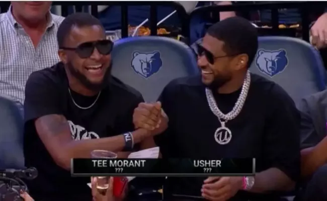 Ja Morant’s father Tee, and Usher during a basketball game. (Source: Twitter)