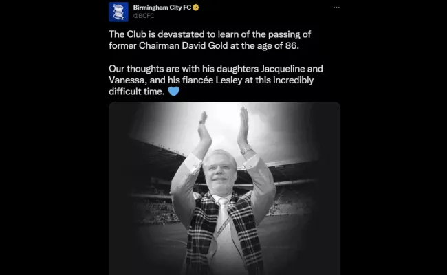 Birmingham City FC official Twitter account on David Gold’s death. (Source: Twitter)