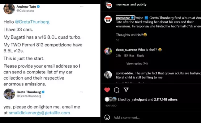 Gretta Thunberg fired a burn at Andrew Tate. (source: Instagram)
