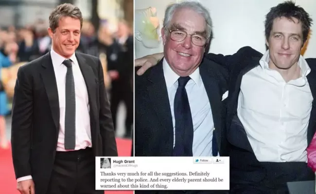 Hugh Grant, 57, appealed to Twitter for help after his 89-year-old Father, James, was targeted by nuisance callers. (Image Source: Daily Mail)
