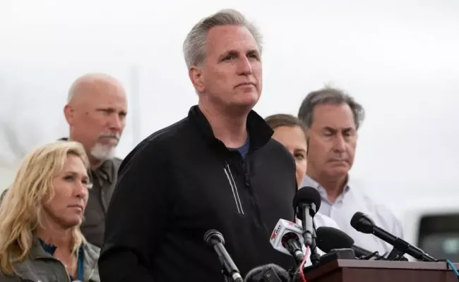 Kevin McCarthy pauses as he addresses the media during a congressional delegation. (Source: edition.cnn.com)