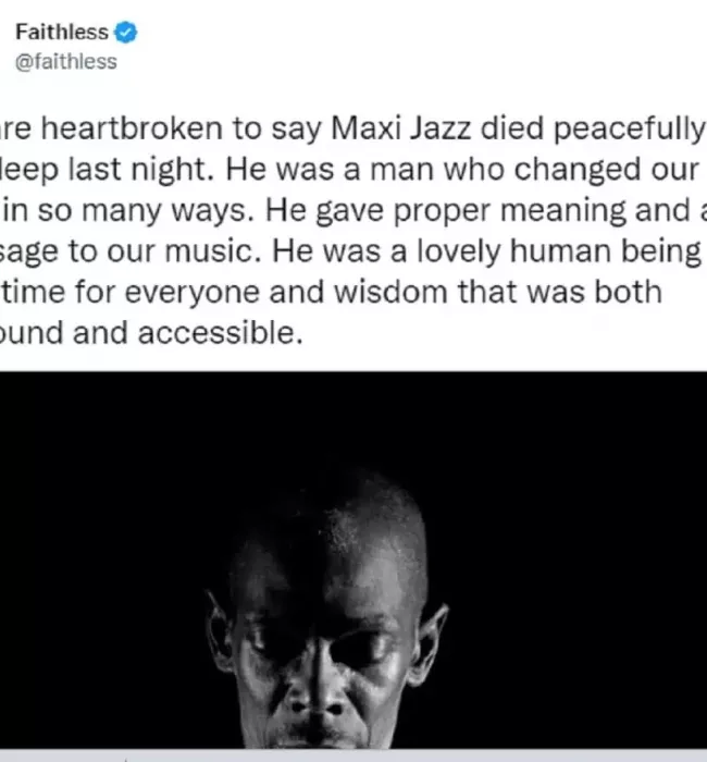 Faithless singer Maxi Jazz died on Friday, December 23, at age 65. The group announced the news of his death via a heartfelt on social media(Source: Twitter)