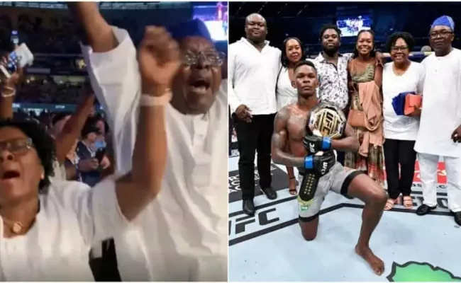 Israel Adesanya’s parents celebrate as ‘Stylebender’ becomes UFC’s undisputed middleweight champion. (Source: Legit. ng)