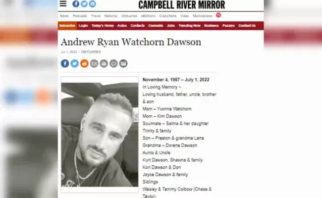 Andrew Dawson’s obituary in the local newspaper. (Image Source: Campbell River Mirror)