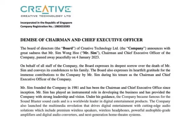 Creative Technologies released a statement announcing Sim Wong Hoo’s death. (Source: Creative Technology)