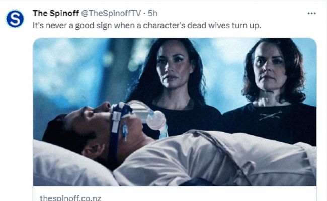 The tweet from The Spinoff is referring to the potential death of TK Samuels in Shortland Street. (Source: Twitter)