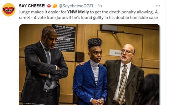 The tweet is about a judge’s decision that may increase the likelihood of YNW Melly receiving the death penalty if he is found guilty in his double homicide case. (Source: Twitter)