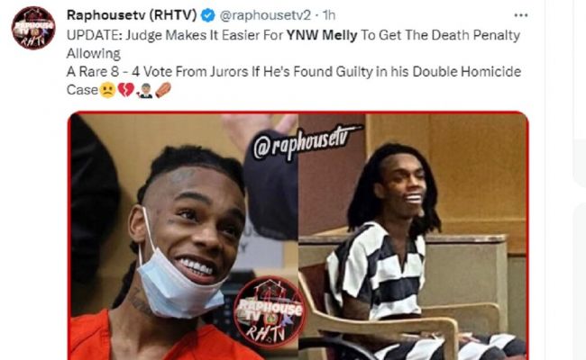 It states that a judge has made a decision that could potentially increase the likelihood of YNW Melly receiving the death penalty if he is found guilty in his double homicide case. (Source: Twitter)