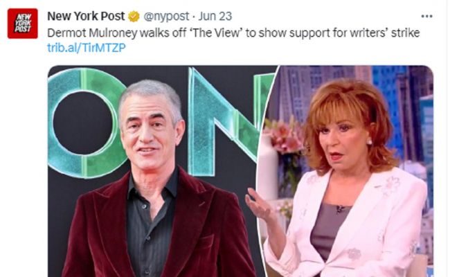 The tweet is about Dermot Mulroney’s gesture of support for the writers’ strike on “The View.” (Source: Twitter)