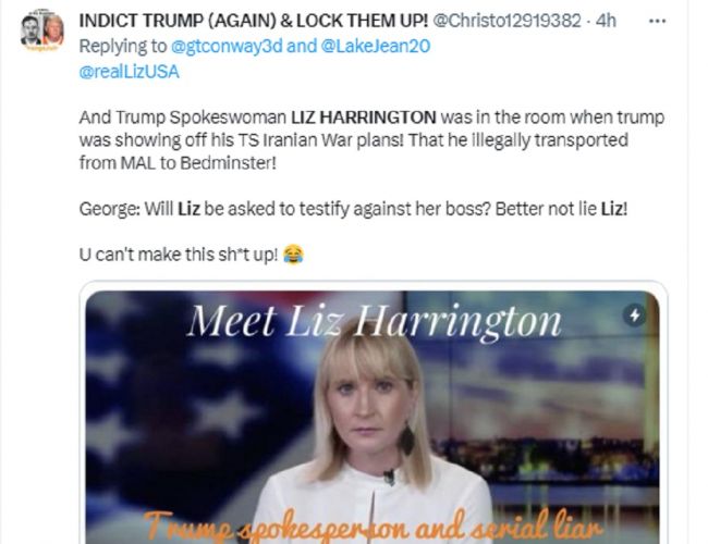 The tweet claims that Liz Harrington was present in the room when Trump allegedly displayed his top-secret Iranian war plans. (Source: Twitter)