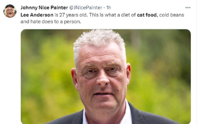 This tweet by Johnny Nice Painter is making a sarcastic comment about Lee Anderson, the Tory deputy chair, in response to the controversy surrounding his actions on his TV show. (Source: Twitter)