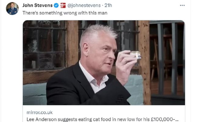 This tweet by John Stevens expresses concern or disapproval regarding Lee Anderson. (Source: Twitter)