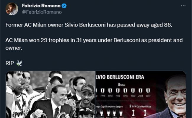 Fabrizio Romano paying tribute to Silvio Berlusconi via Twitter. (Source: Twitter)